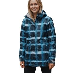 Bonfire Snowboarding Co warm gorpcore blue plaid hooded nylon Jacket Sz S